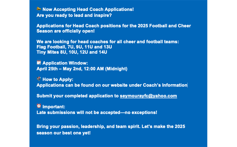 Now Accepting Head Coaches! 
